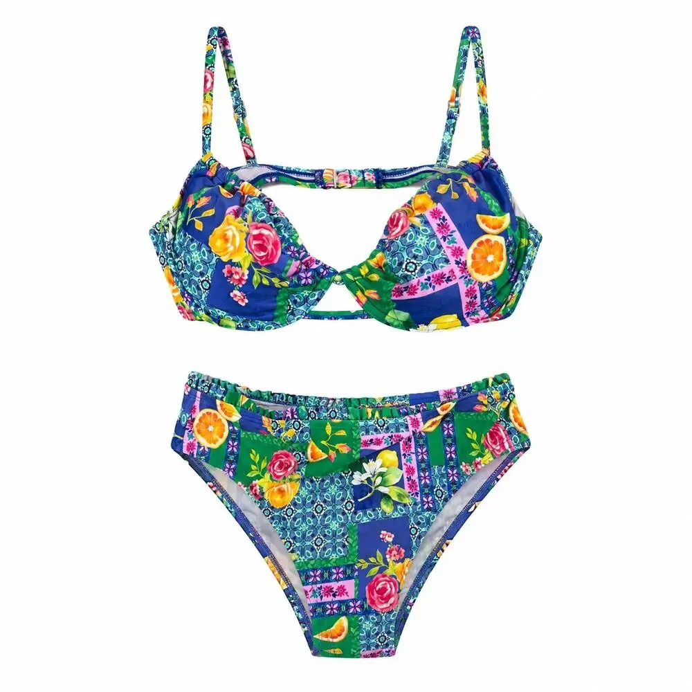 CUPSHE Citrus Floral Patchwork Swimsuit NWT Women's Large High Waist Bikini Set